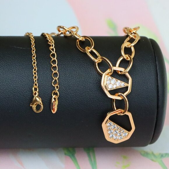 "Rose Gold Chunky Chain Necklace with Crystal Geometric Charms, XPNL1889 - Picture 7 of 12